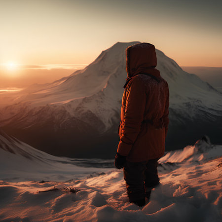 Hiker standing on the top of the mountain and looking at the sunsetの素材