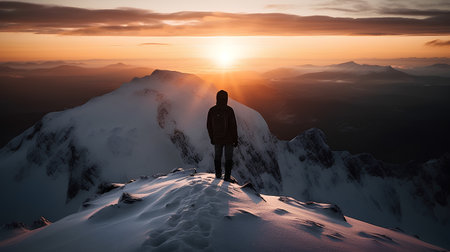 Silhouette of a man standing on the top of a mountain and looking at the sunsetの素材