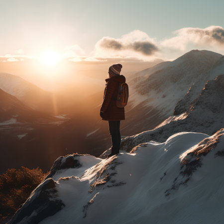 Woman standing on the top of a mountain and looking at the sunsetの素材