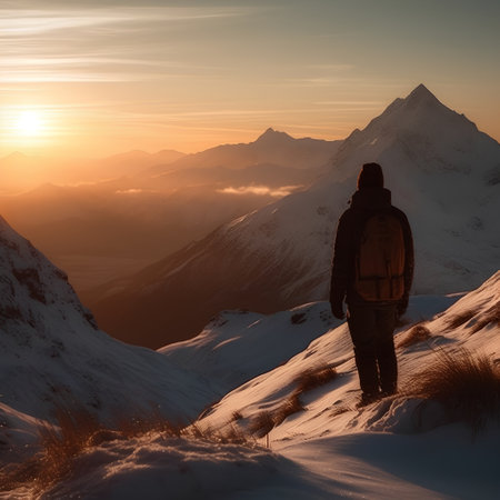 Hiker standing on the top of a mountain and looking at the sunsetの素材