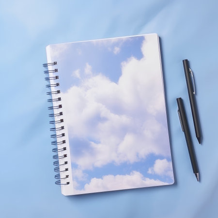 Notebook with pen and blue sky with clouds on white background.の素材