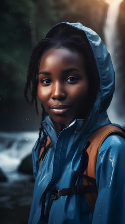 Young african american woman in raincoat looking at camera while standing near waterfallの素材
