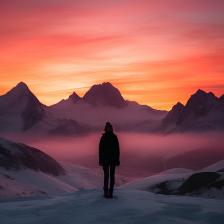 Silhouette of a woman standing on the top of a snowy mountain at sunset.の素材