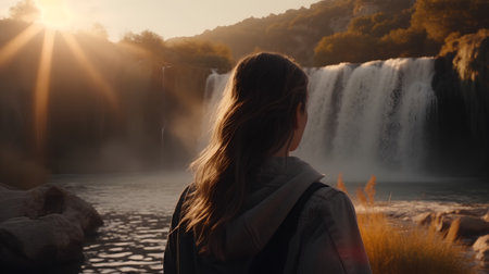 Beautiful young woman standing on the background of the waterfall and sunsetの素材
