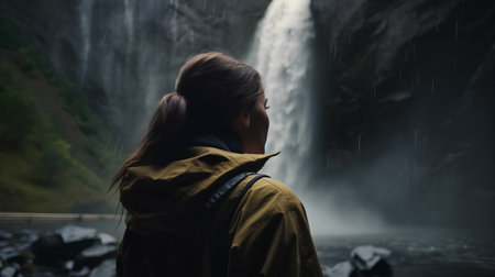 Young woman in raincoat looking at beautiful waterfall. Rainy dayの素材