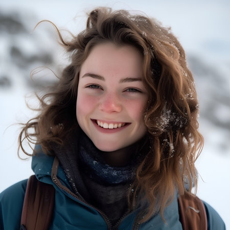 Portrait of a beautiful young girl on a background of winter forestの素材