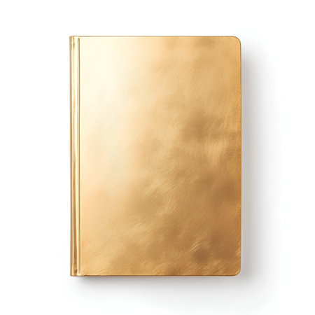 Golden notebook isolated on white background. 3d illustration. Top view.の素材