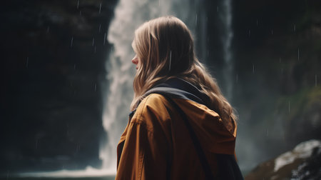 Young woman in a raincoat looking at a waterfall on a rainy dayの素材