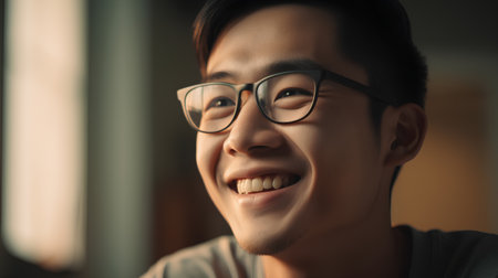 Portrait of young asian man wearing eyeglasses and smilingの素材