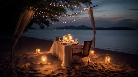 Romantic dinner on the beach at sunset. The concept of a romantic dinner.の素材