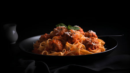 Pasta with meatballs and tomato sauce on a black background.の素材