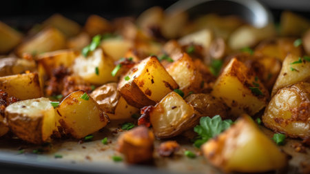 Baked potatoes with parsley on a rustic background, selective focus.の素材