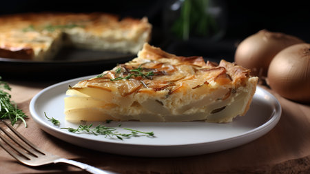 Slice of homemade potato pie with dill and onion on wooden tableの素材