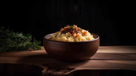 Mashed potatoes in a wooden bowl on a dark background. Toned.の素材