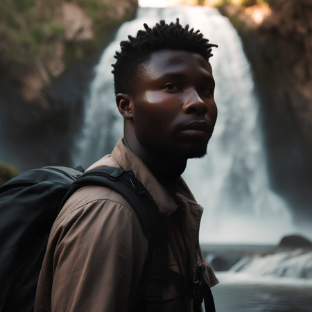 Portrait of a handsome african american man with backpack in front of waterfallの素材