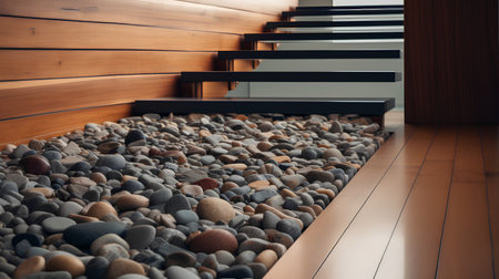Wooden stairs with pebble stones. 3d rendering.の素材