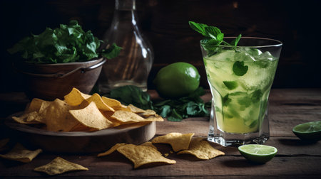 Mojito cocktail with lime, mint and nachos chipsの素材