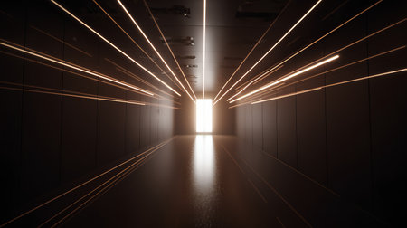 3d rendering of a corridor in a building with lights coming throughの素材