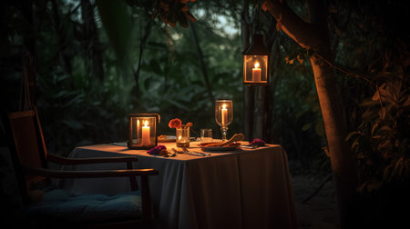 Romantic dinner in the garden at night with candles and flowers.の素材