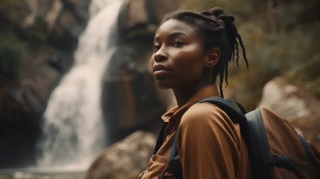 Young african american woman with backpack looking at waterfall on backgroundの素材