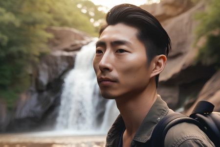 Handsome Asian man with backpack looking at waterfall in the forestの素材