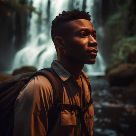 Handsome young African man with backpack looking away while standing near waterfallの素材