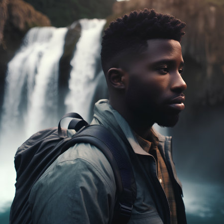 Handsome african american man with backpack standing near waterfallの素材