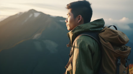 young asian man hiker enjoy the view on top of mountain peakの素材