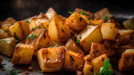 Fried potatoes with thyme, selective focus. Toned.の素材