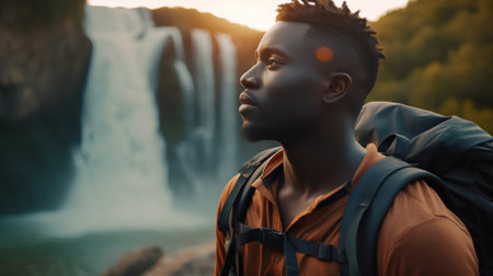 Young african american man with backpack standing near waterfall and looking away at sunset.の素材