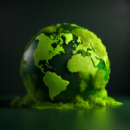 Green planet earth with green grass on dark background. 3d renderの素材