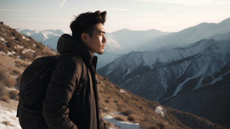 Handsome young man standing on the top of a mountain and looking awayの素材