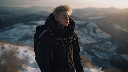 Handsome young man with blond hair in a black jacket with a hood stands on the top of a mountain and looks into the distanceの素材