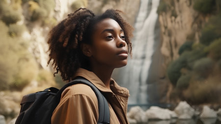 Portrait of a beautiful young african american woman with backpack against waterfallの素材