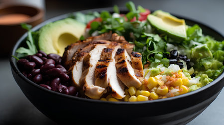 Bowl of salad with grilled chicken, corn, avocado and black beansの素材