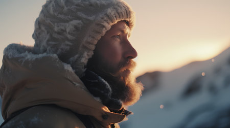 Portrait of a man with a beard and mustache on the background of the snowy mountainsの素材