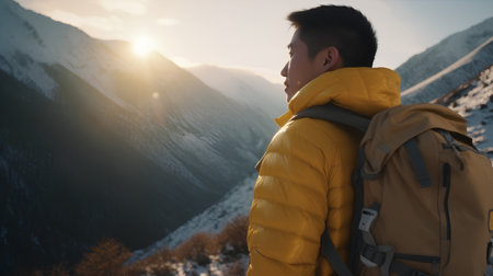 Young asian man with backpack hiking on mountain peak at sunset.の素材