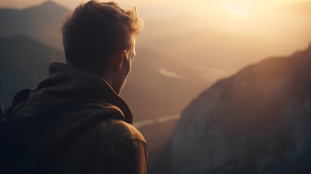 Hiker looking at sunrise on a mountain peak, rear view.の素材
