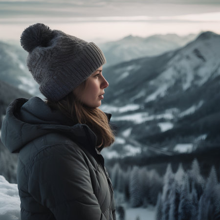 Beautiful young woman in a hat and jacket on the background of mountainsの素材