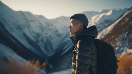 Young man with a backpack on the background of the mountains. Travel concept.の素材