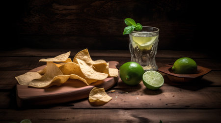 Mexican tequila with tortilla chips and lime on wooden backgroundの素材