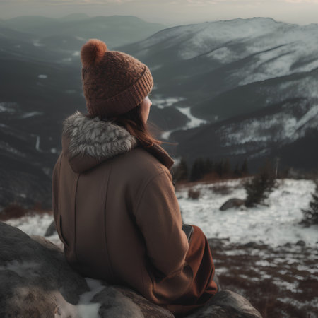 A girl in a knitted hat and a warm coat sits on a rock and looks into the distance.の素材
