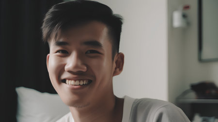 Portrait of a handsome young asian man smiling and looking at cameraの素材