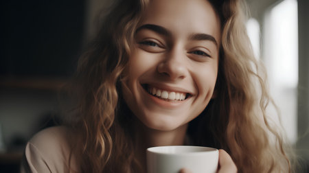 Portrait of a beautiful young woman holding a cup of coffee.の素材