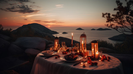 Romantic dinner on the beach with candles and candlesticks.の素材