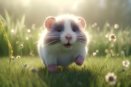 Funny hamster on green grass in the meadow at sunsetの素材
