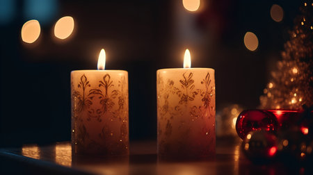 Christmas candles with bokeh lights on background. Christmas card.の素材