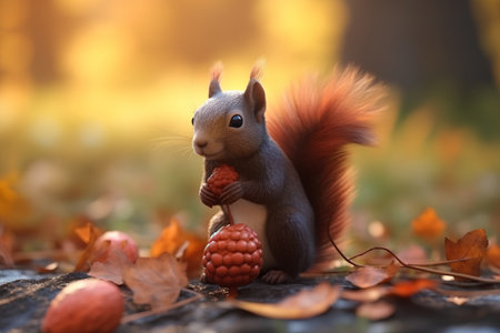 Squirrel in the autumn forest with an acorn in his handの素材