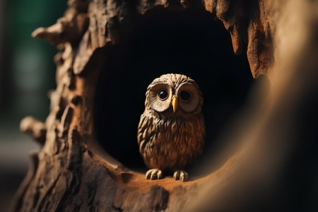 Owl in the hollow of a tree, close-up.の素材
