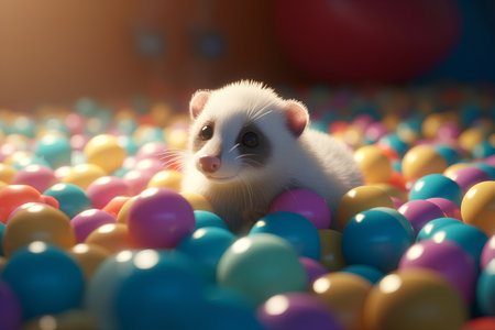 Cute little white sugar glider in colorful easter eggs.の素材
